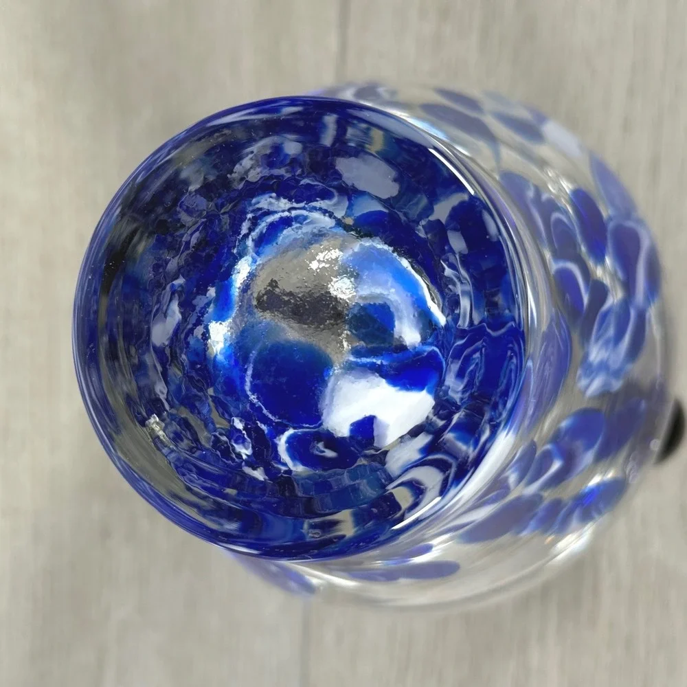 Vintage Italian Art Glass Vase Blue White Pulled Decoration Cobalt Handles 7.5